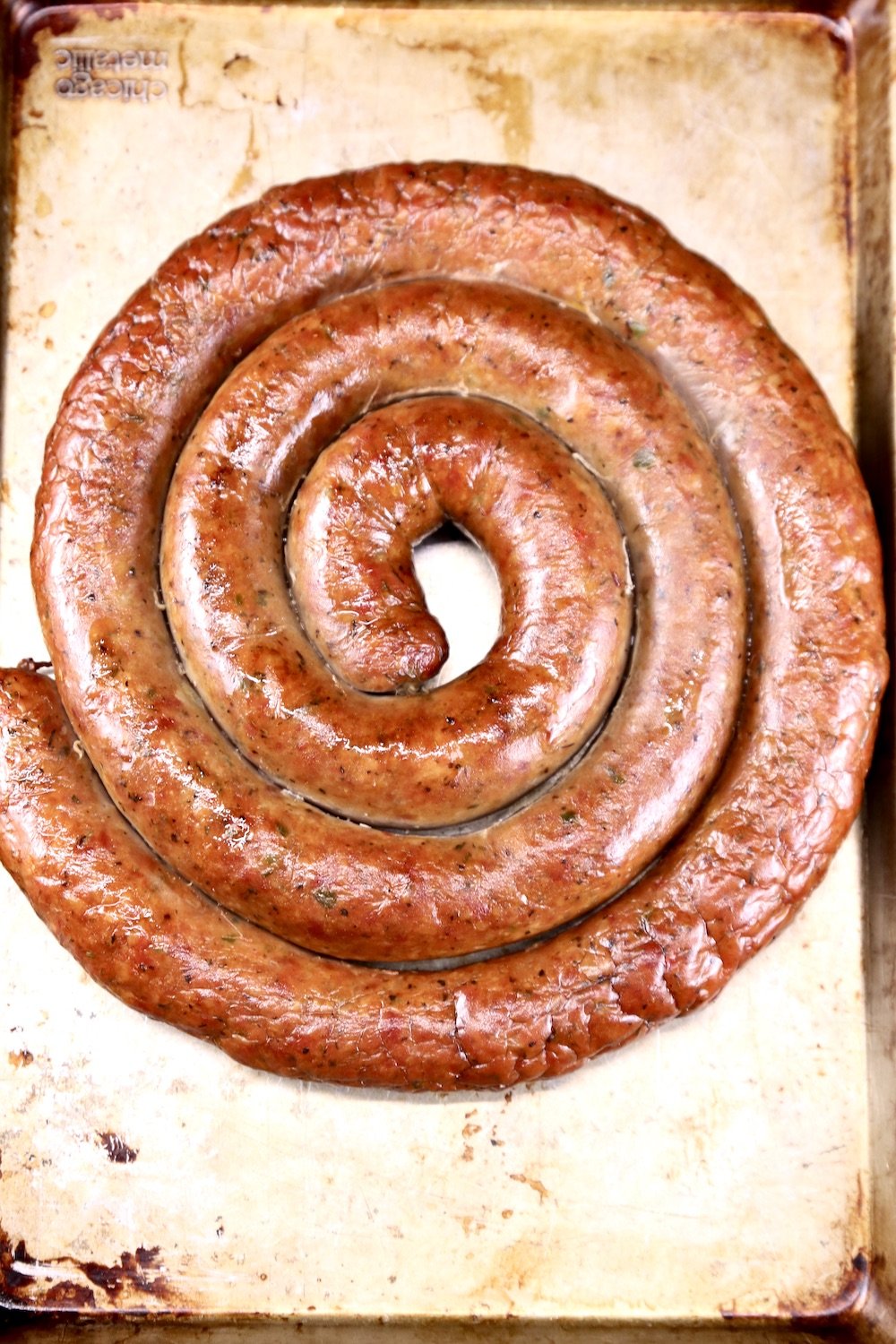smoked sausage on a sheet pan