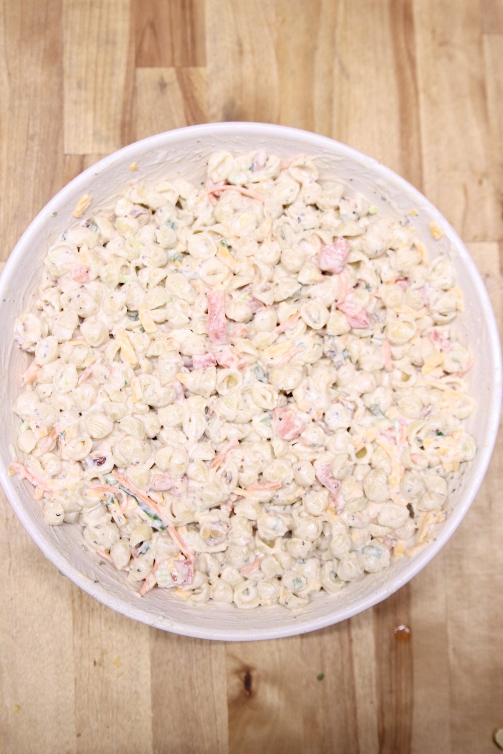 bacon ranch pasta salad in a white bowl