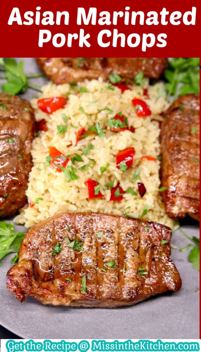 Asian Pork Chops with rice with text overlay