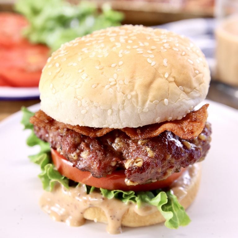 Bacon Burgers on a sesame seed bun with lettuce and tomato