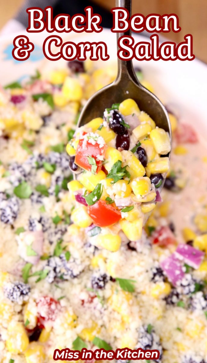 Black Bean and Corn Salad - spoonful with text overlay