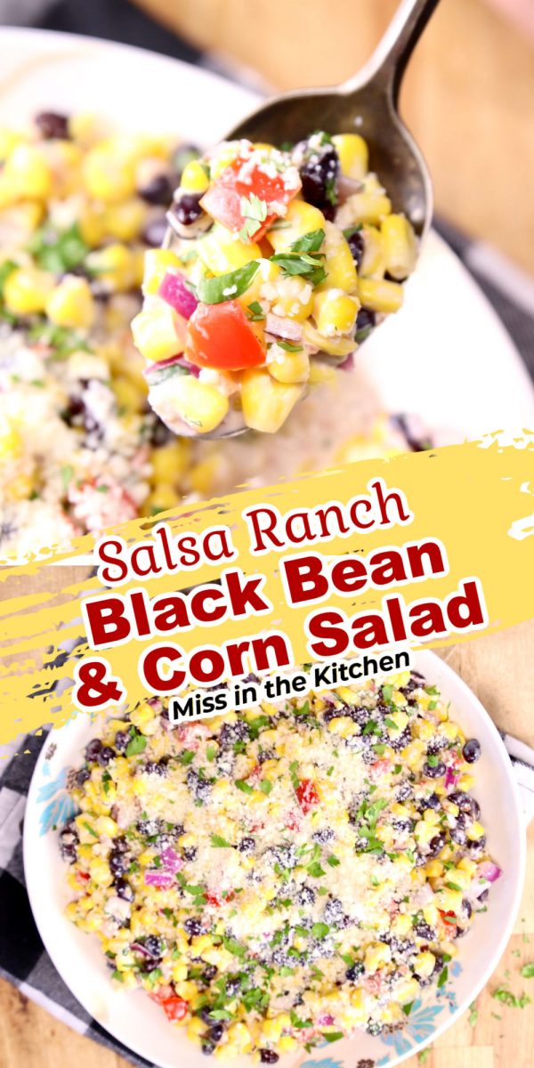 Black Bean and Corn Salad collage - closeup of spoonful over serving bowl