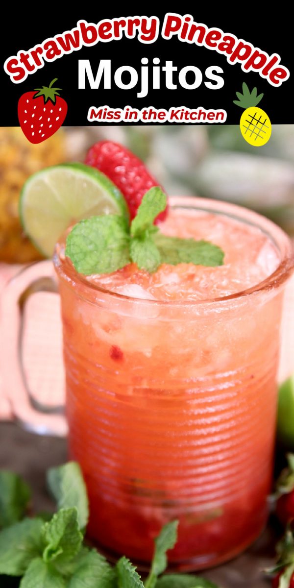 Strawberry Pineapple Mojito in a glass with text overlay