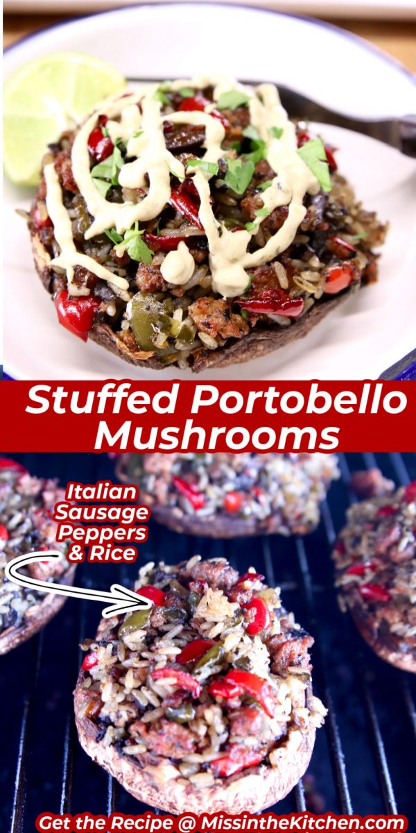 stuffed mushrooms collage - served on a plate with sauce/ on a grill - text overlay