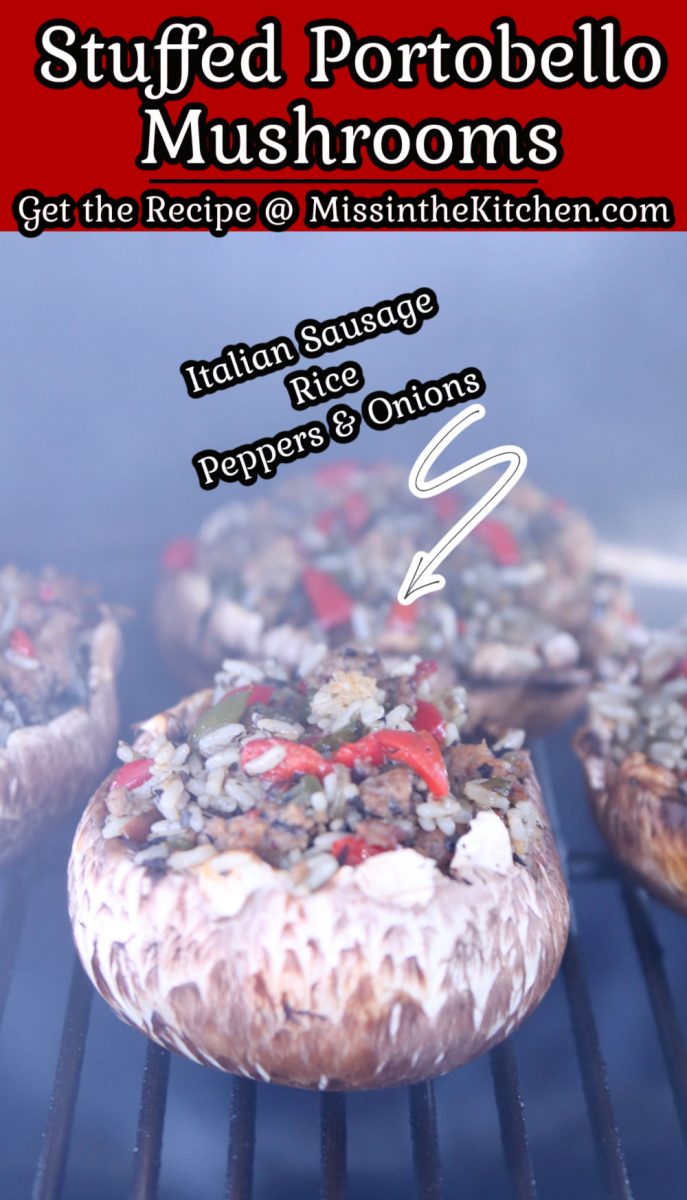 Stuffed Portobello Mushrooms on a grill - text overlay