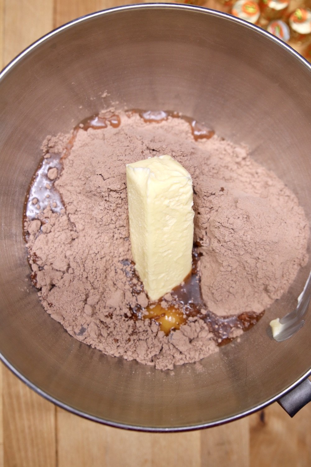 brownie mix, butter, eggs, water in a mixer bowl