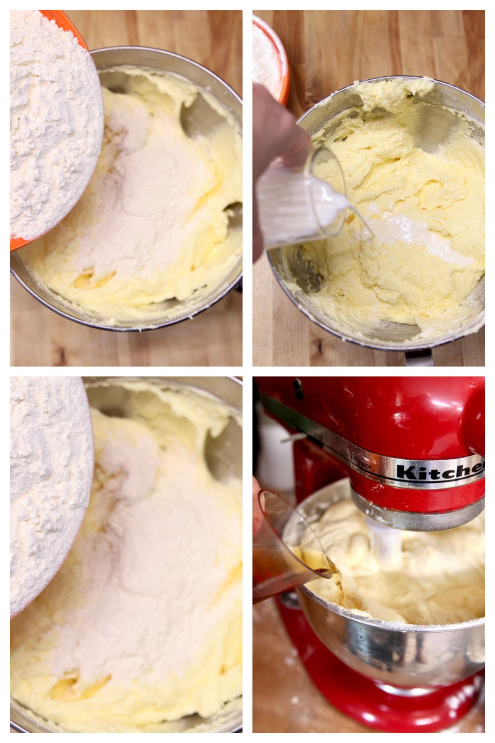 making pound cake, adding flour, milk and Amaretto Liqueur