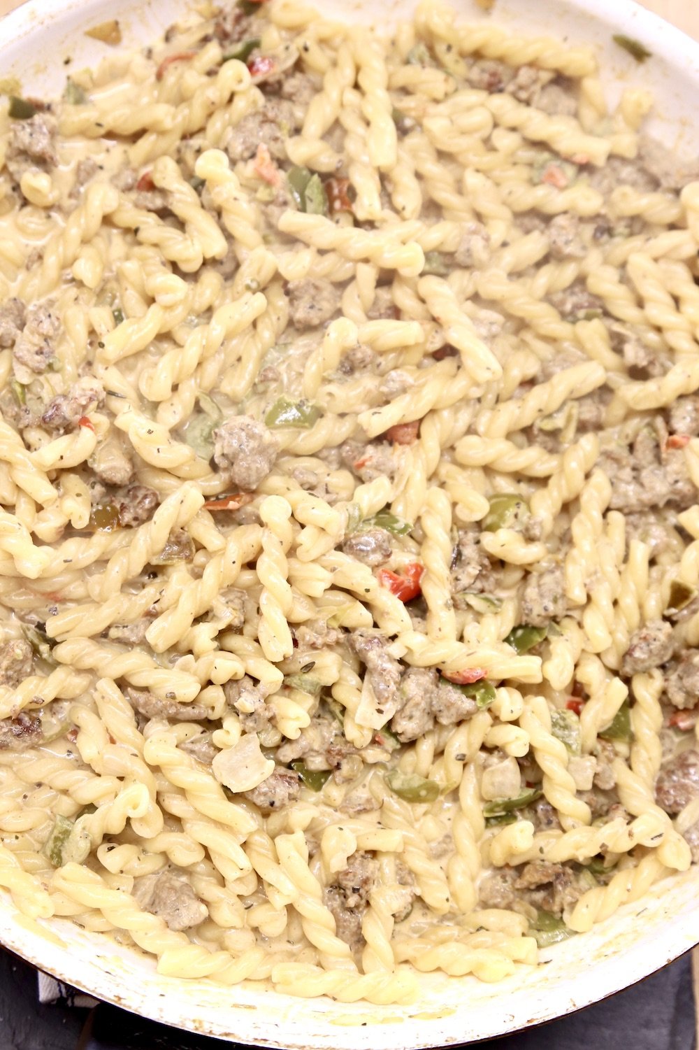 skillet pasta with creamy sauce and sausage