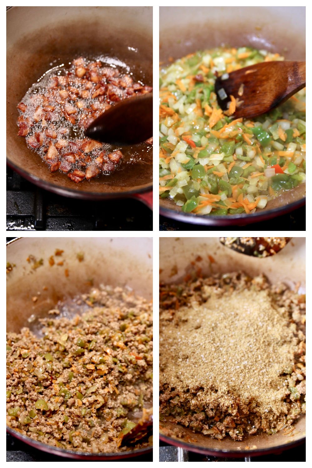 making hot dog chili with bacon, vegetables, ground beef, spices