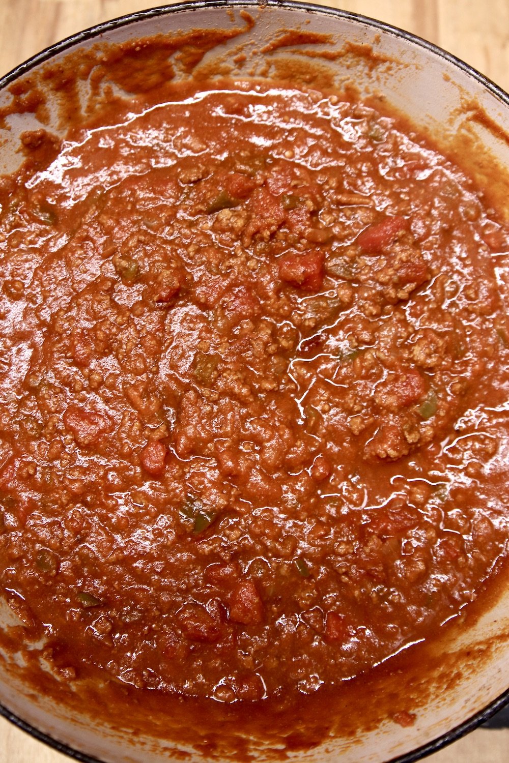 hot dog chili in a dutch oven