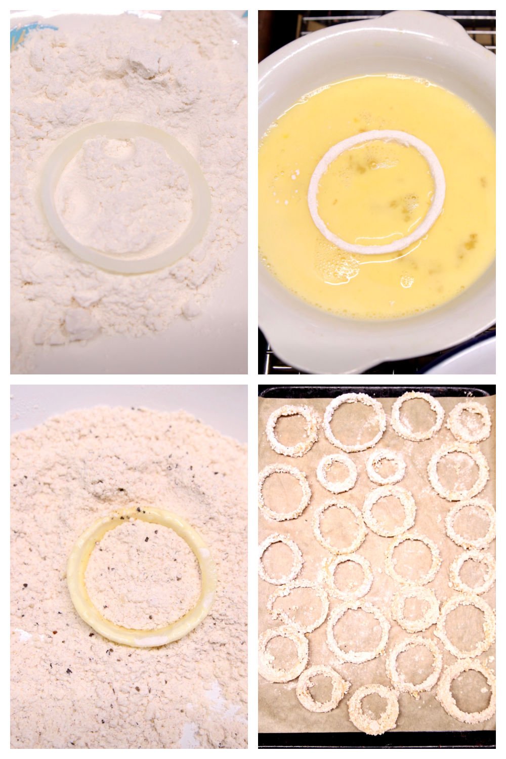 collage: breading onion rings