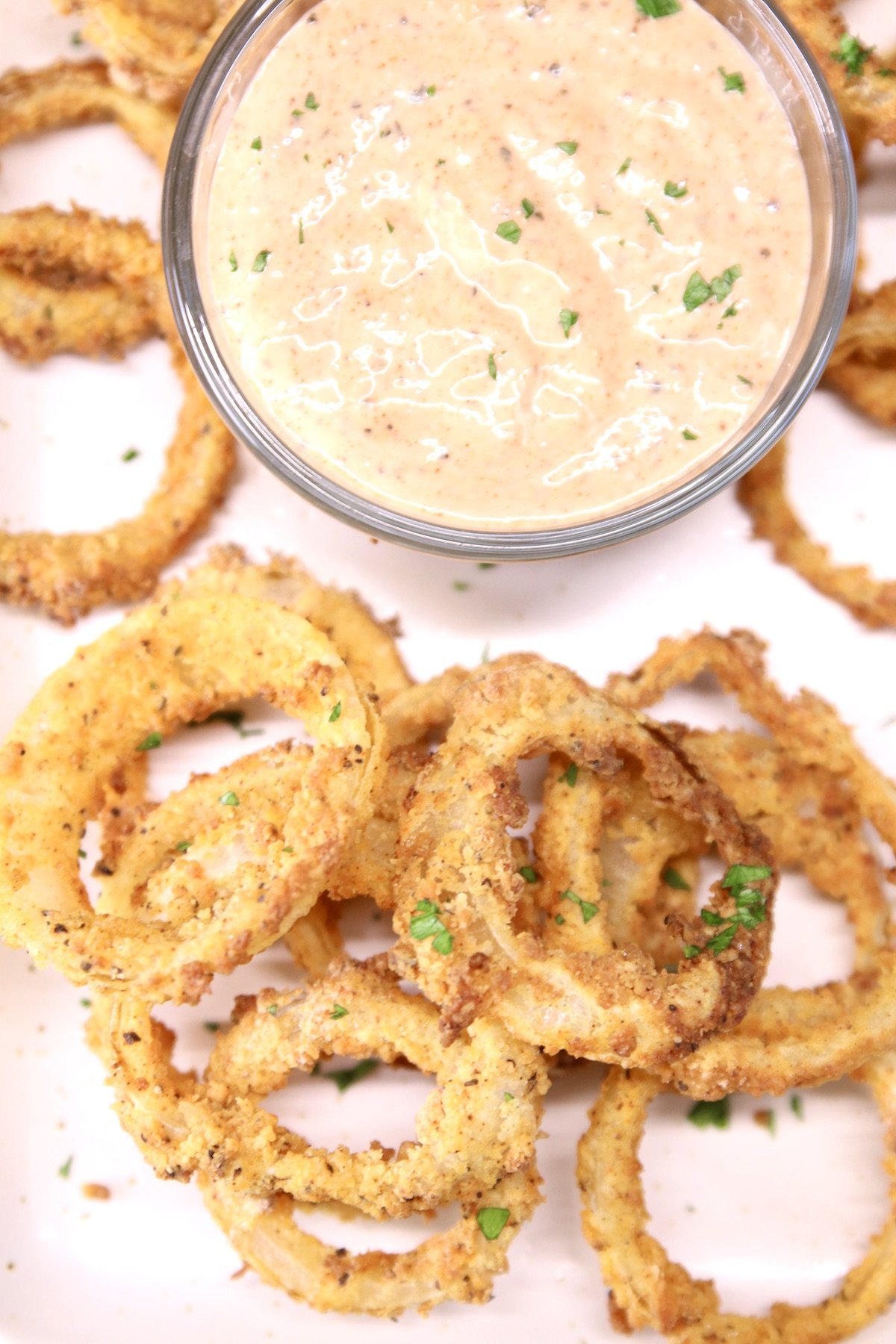 onion rings with sauce on a tray
