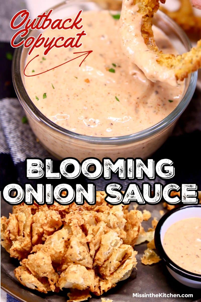 Collage: Blooming onion sauce with onion ring dipping/ on a platter with battered onion.