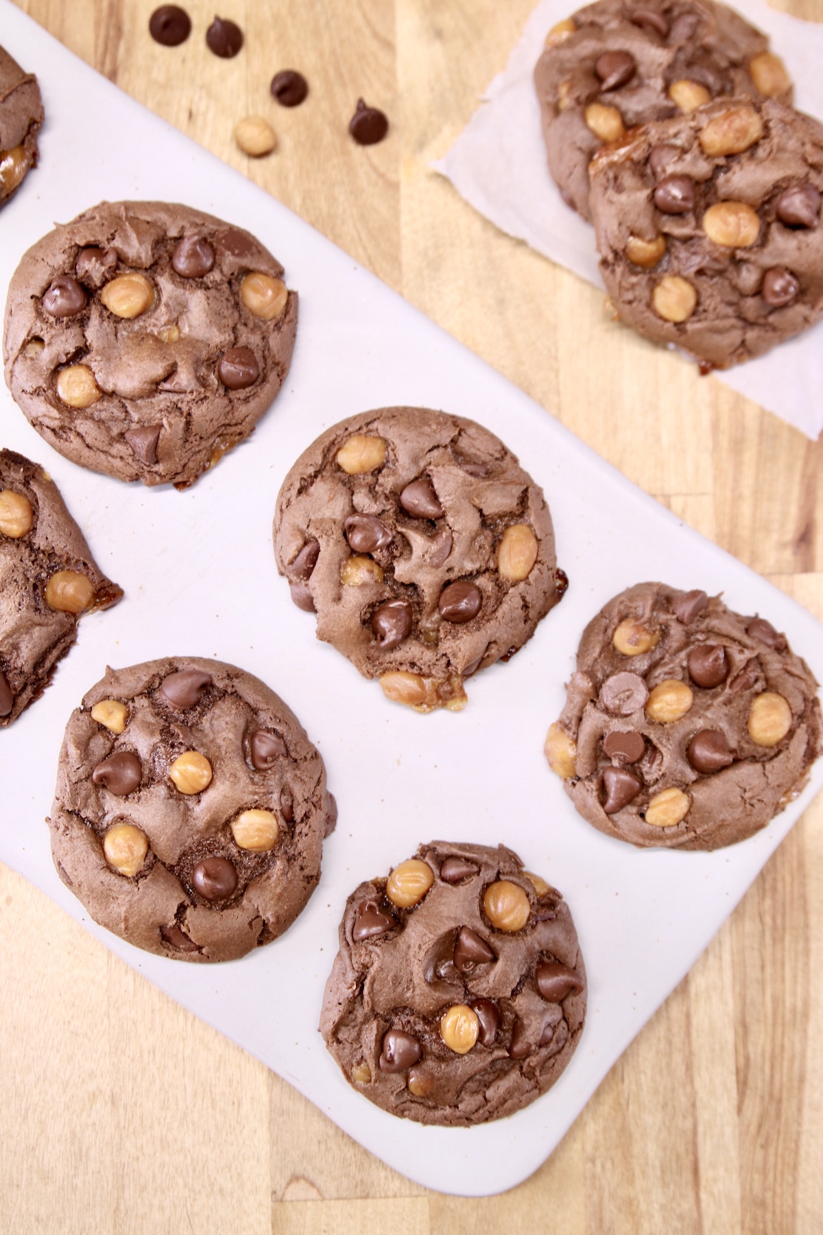overhead view of board of chocolate cookies