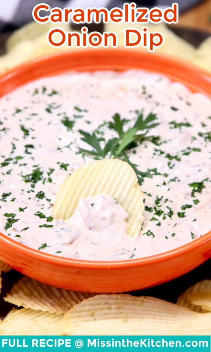 caramelized onion dip with text overlay for pinterest