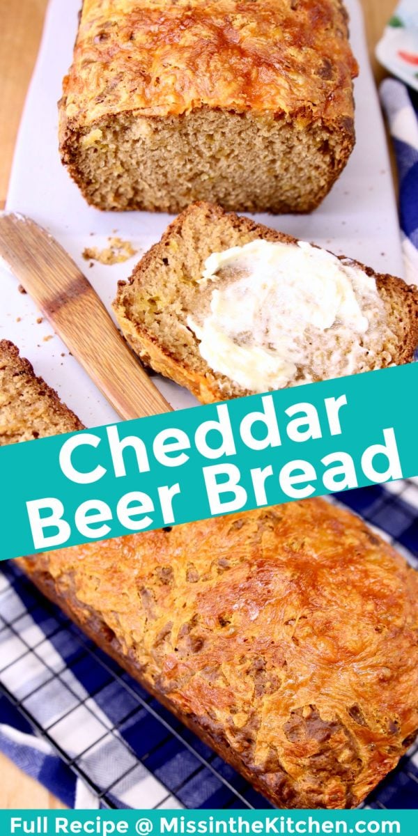 cheddar beer bread collage: sliced/ loaf in pan