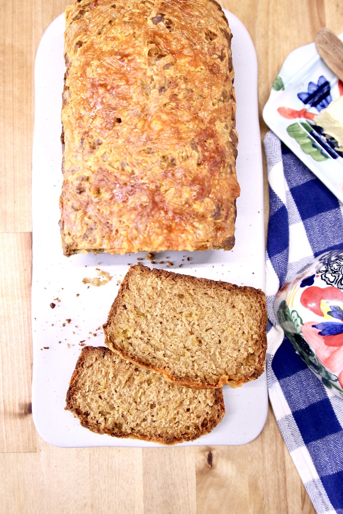 beer bread loaf - 2 slices off the loaf