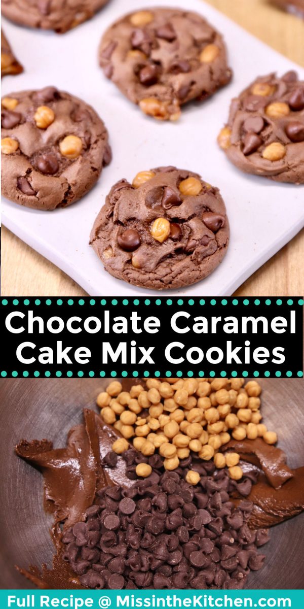 collage of chocolate caramel cookies - baked / dough with chocolate chips