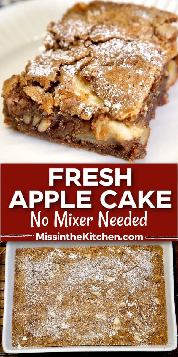 Fresh apple cake collage: slice/ cake in pan.