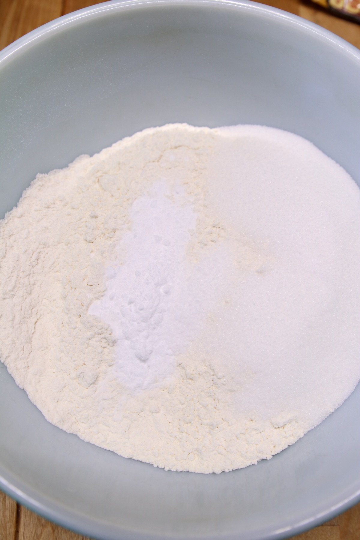 bowl of flour, sugar, baking soda, salt