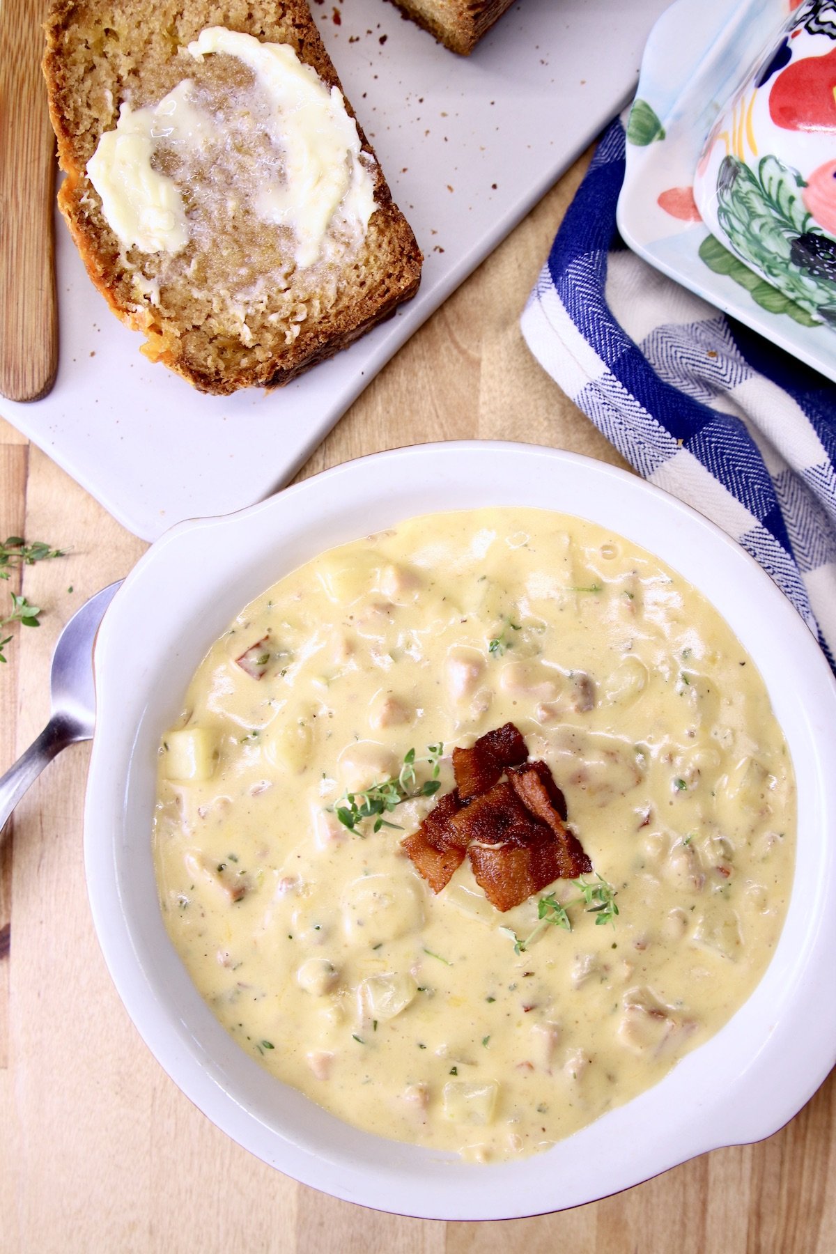 ham and cheese soup topped with bacon