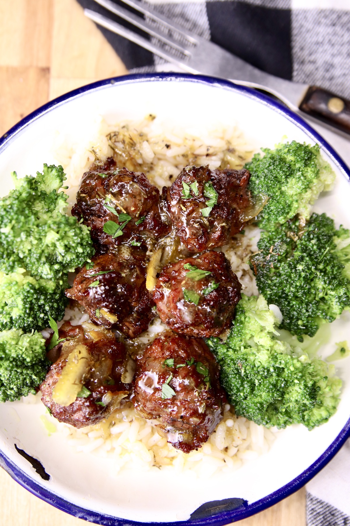 Orange Meatballs with broccoli and rice