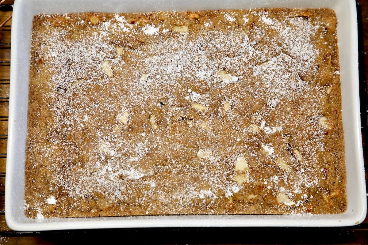 Powdered sugar dusted apple cake.