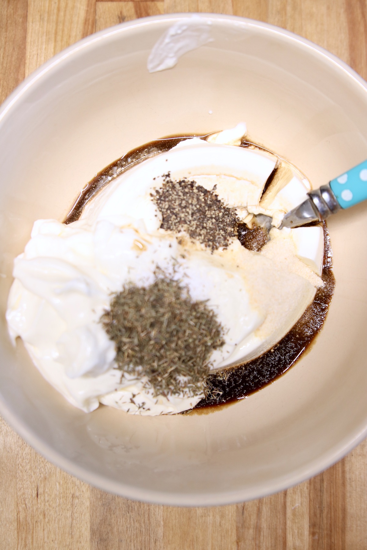mayo, sour cream seasonings in a bowl for dip