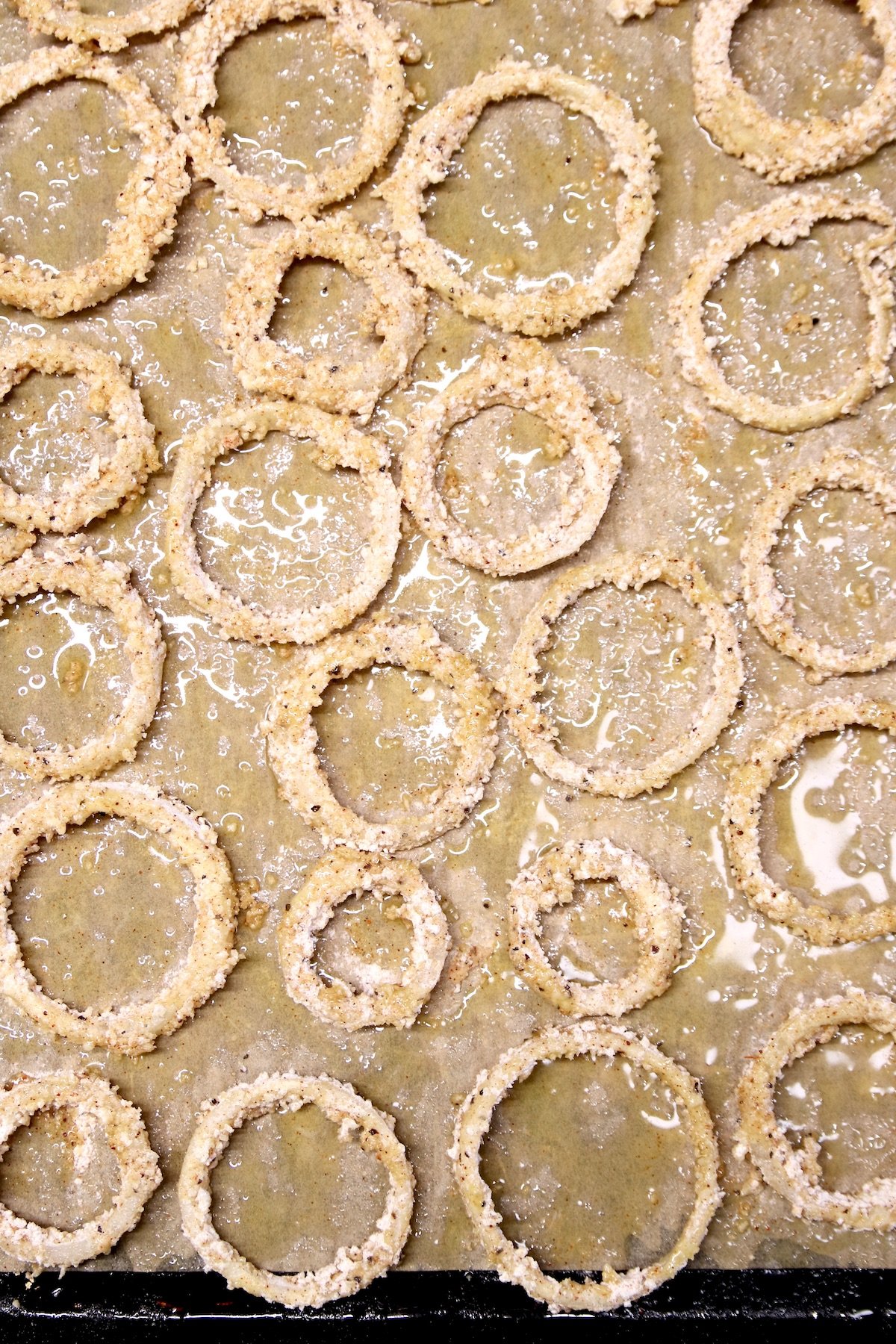 breaded onion rings sprayed with olive oil
