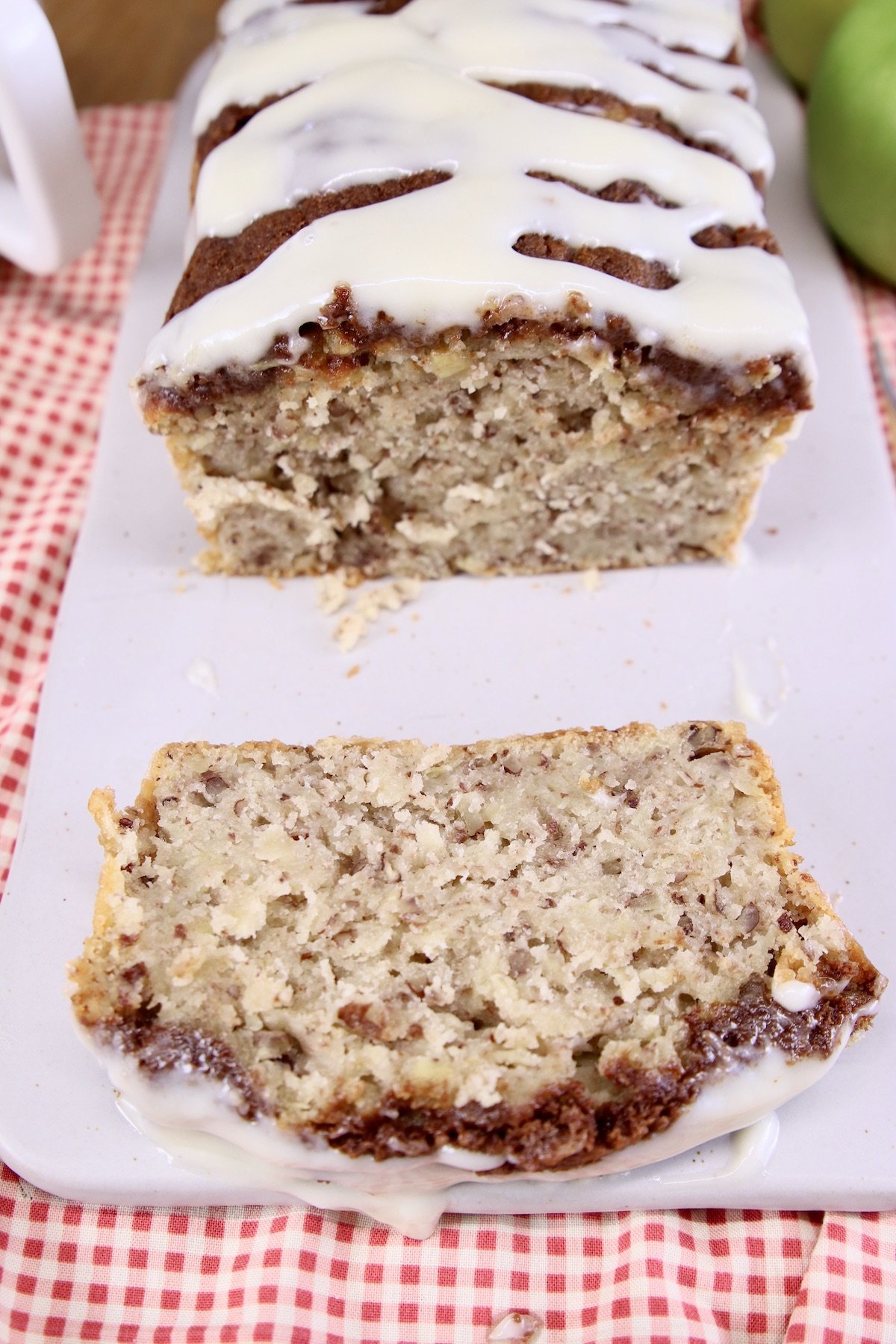 slice of apple bread in front of the loaf