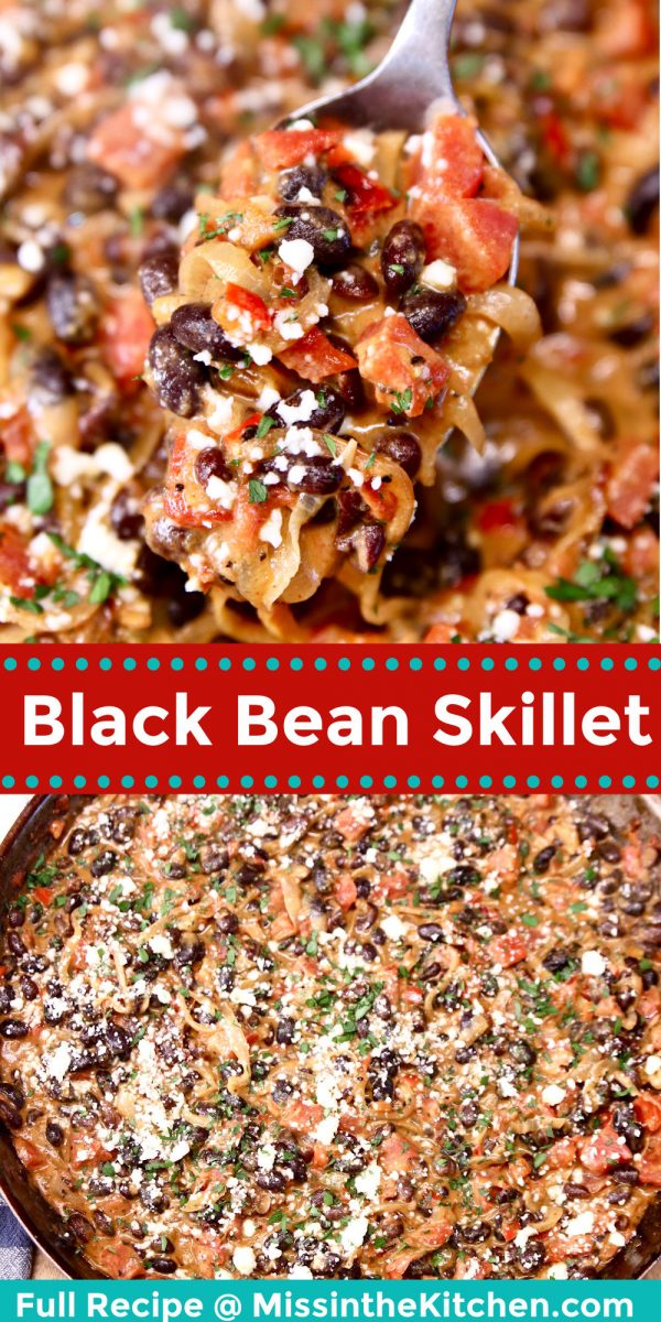 black bean skillet collage: closeup of spoon over skillet
