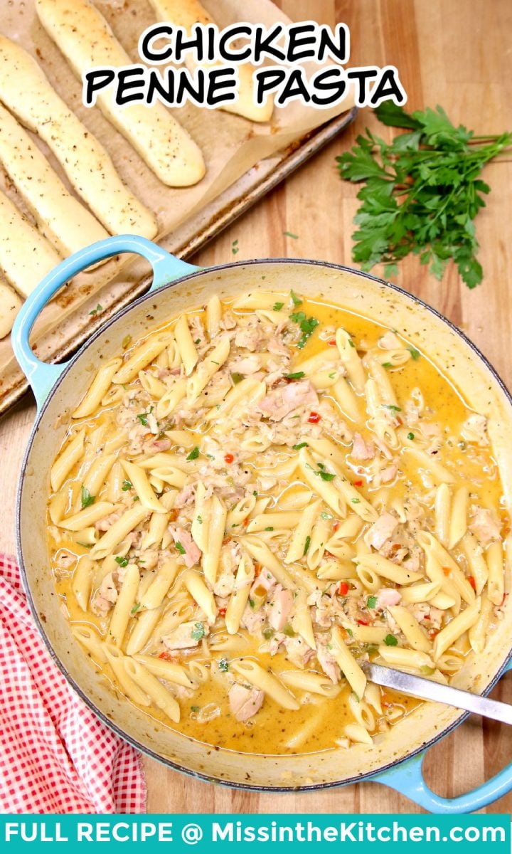chicken penne pasta skillet - text overlay