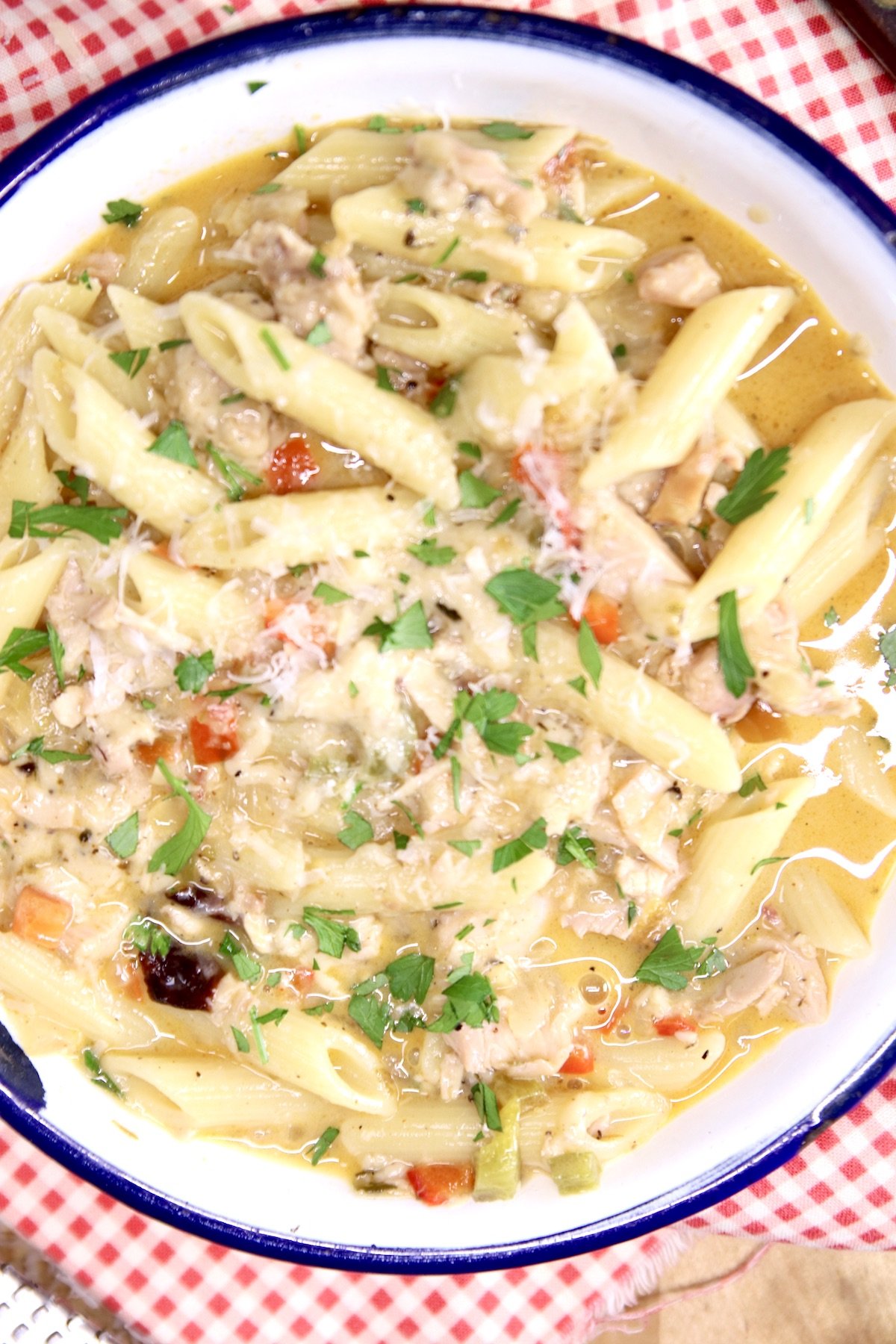 closeup of pasta bowl with chicken and cheesy broth