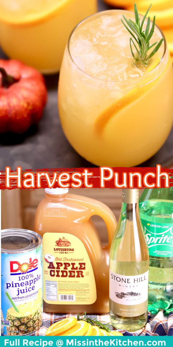 Harvest Punch Cocktail collage: in a wine glass/ingredients