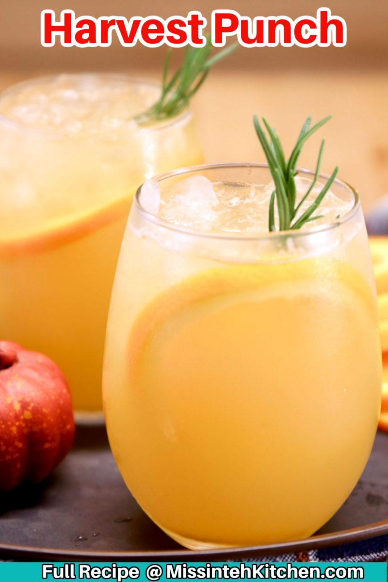 Harvest Punch Cocktail in stemless wine glasses - text overlay