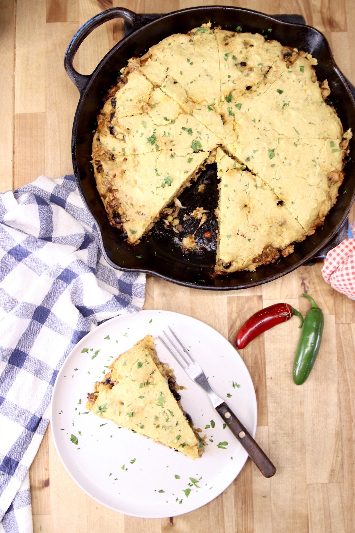 Mexican Chicken Cornbread, skillet & plated
