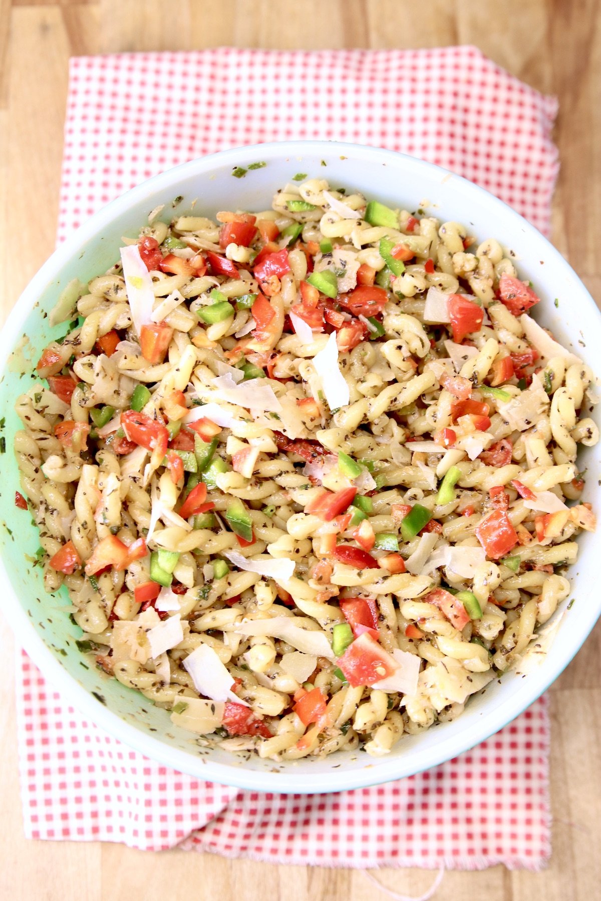 overhead view of pasta salad in a bowl