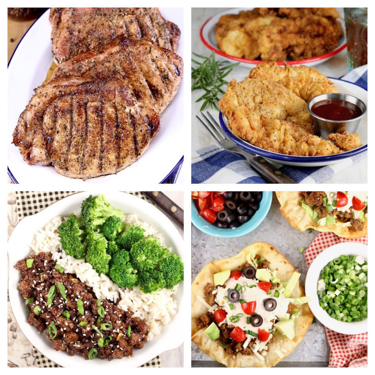 Quick dinner recipe collage: pork chops, chicken strips, korean ground beef, taco salad