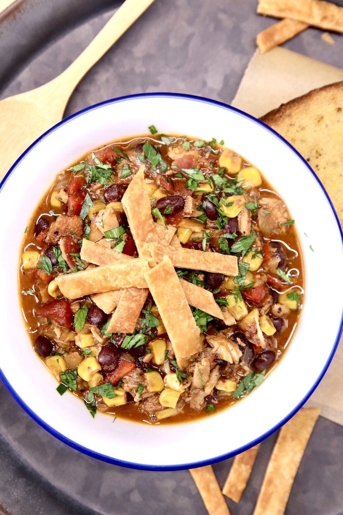 bowl of tortilla soup on a tray
