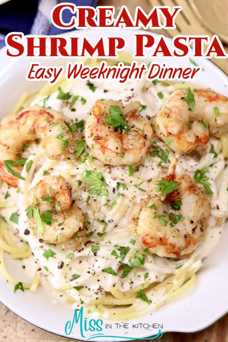 Bowl of creamy pasta with shrimp - text overlay.