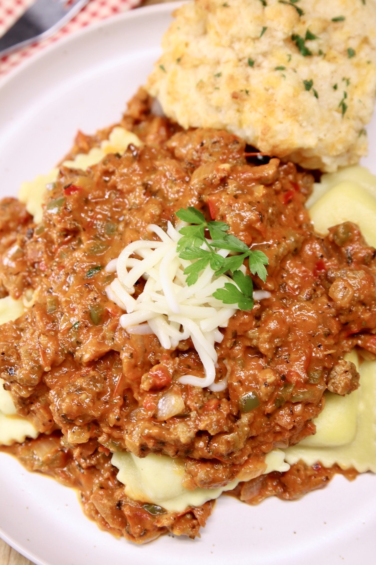 homemade meat sauce recipe over ravioli