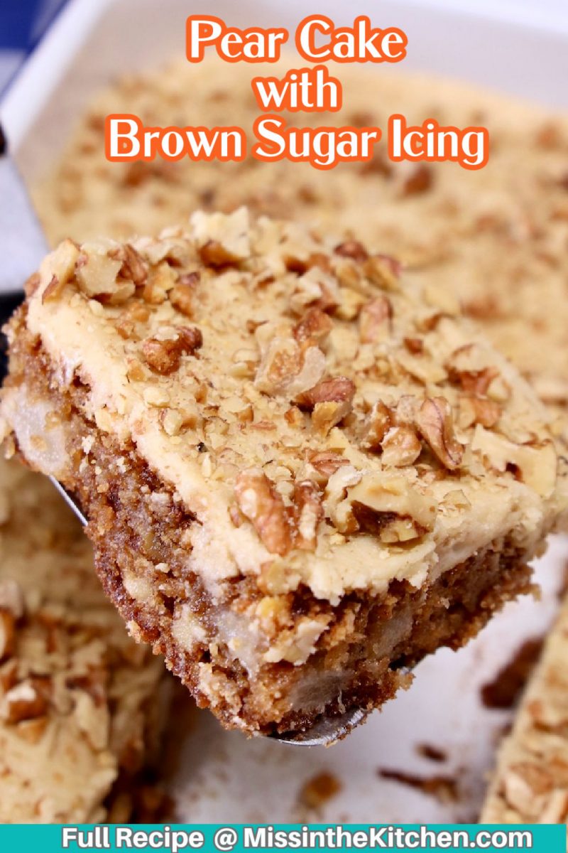 closeup of slice of pear cake