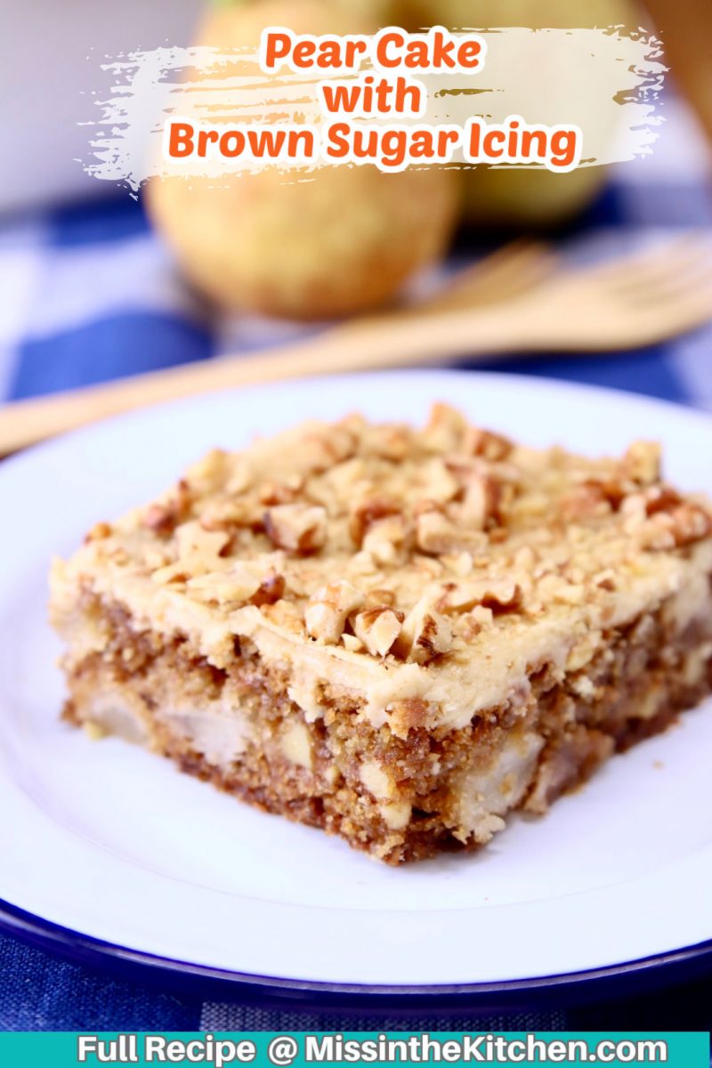 Slice of pear cake with brown sugar icing