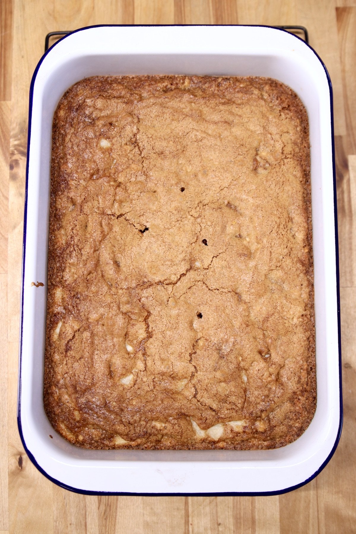 baked pear cake - overhead in pan
