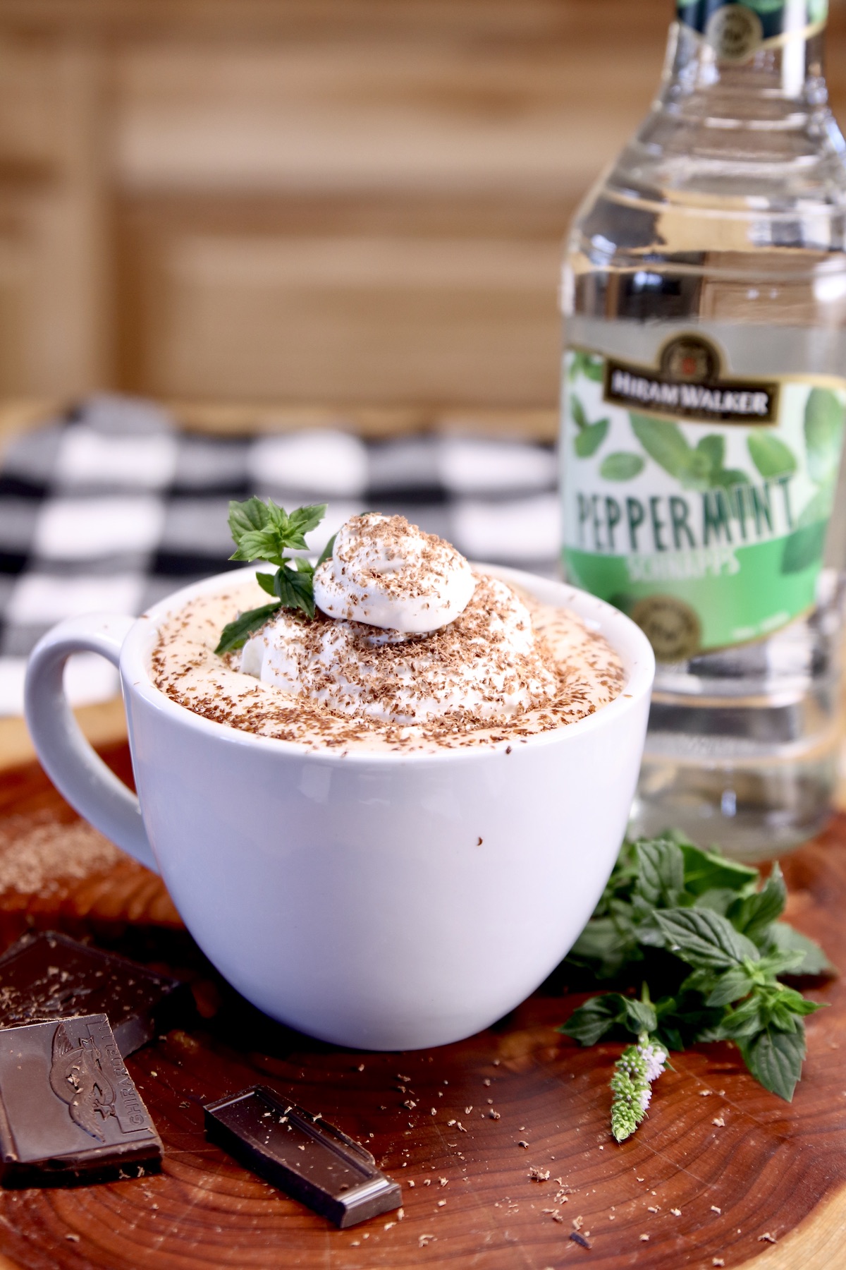 hot cocoa in a cup with peppermint schnapps bottle