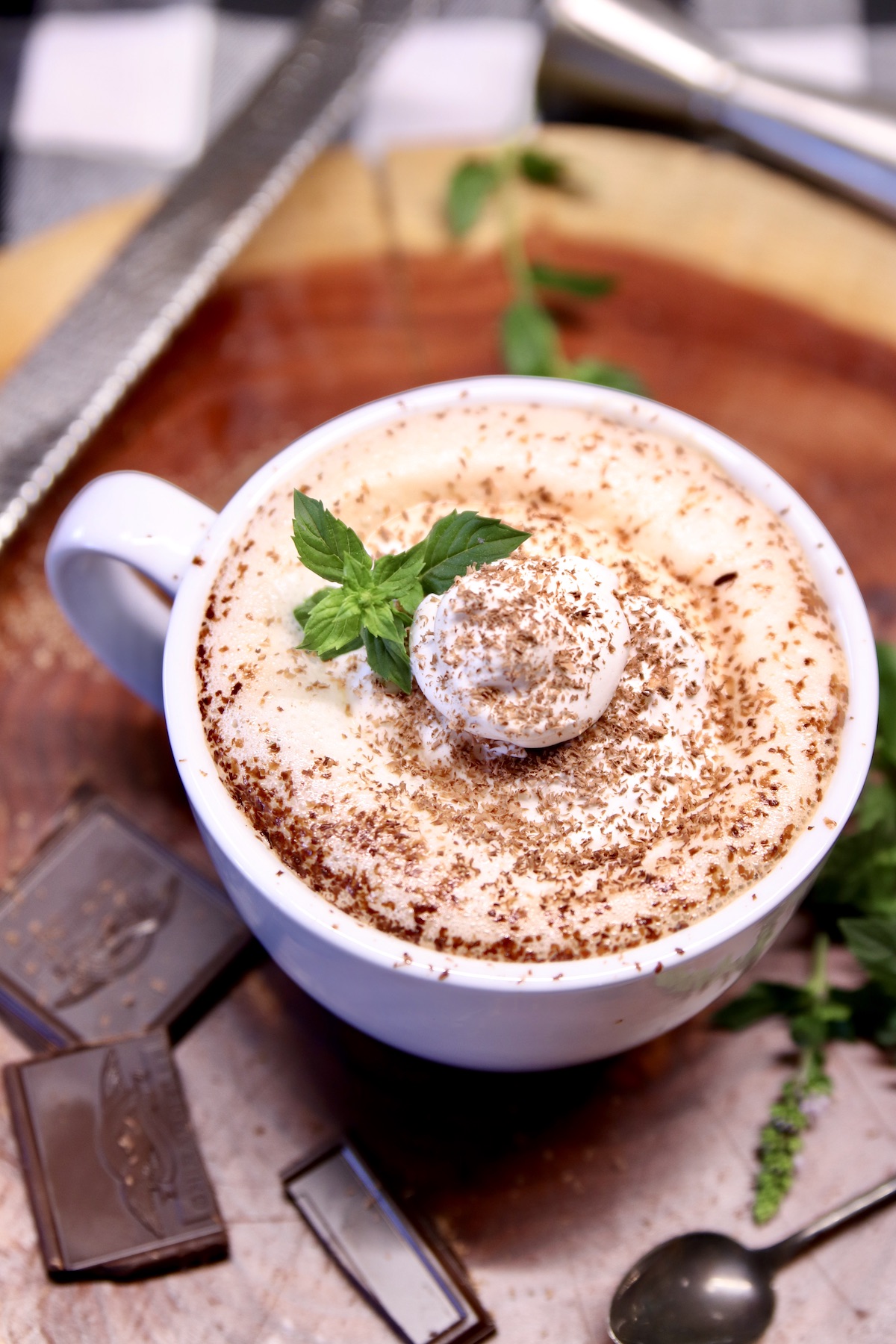 overhead view of hot chocolate in a mug