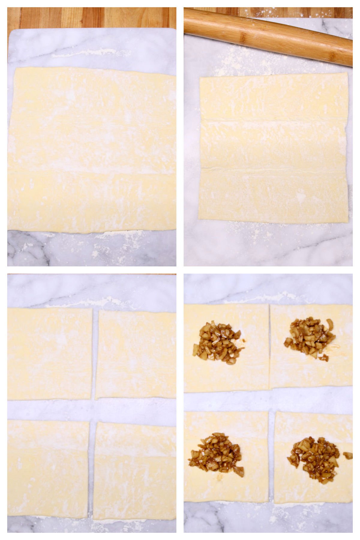 collage rolling out and cutting puff pastry, adding apple pie filling