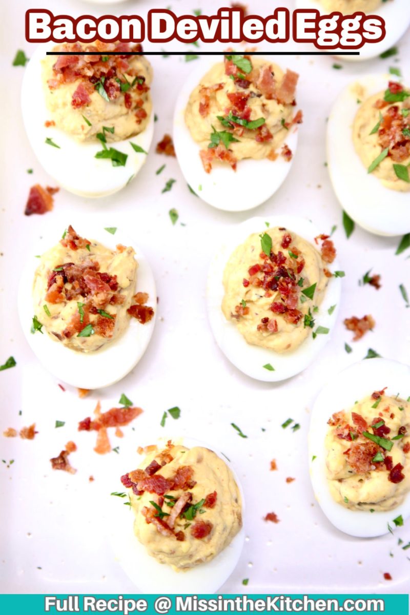 Bacon deviled eggs on a tray - text overlay