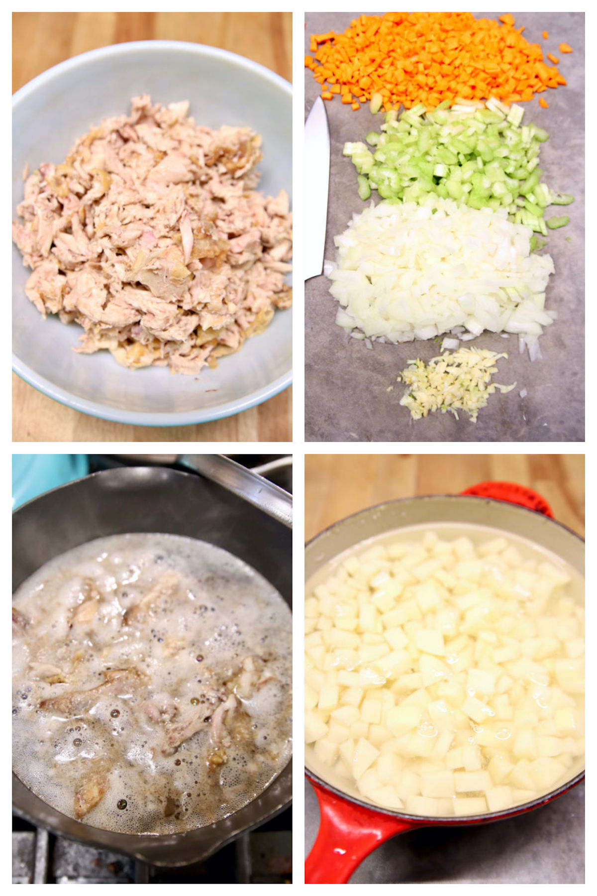 collage: chicken in a bowl, chopped vegetables, making chicken broth, boiling potatoes