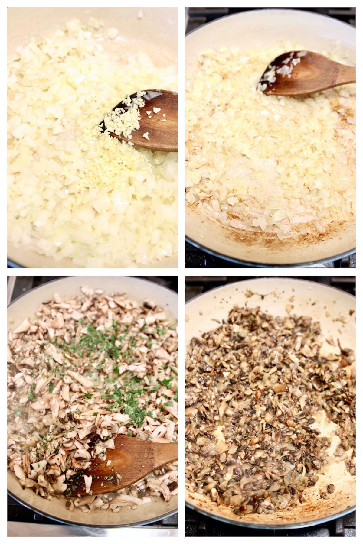 collage cooking onions, garlic, mushrooms